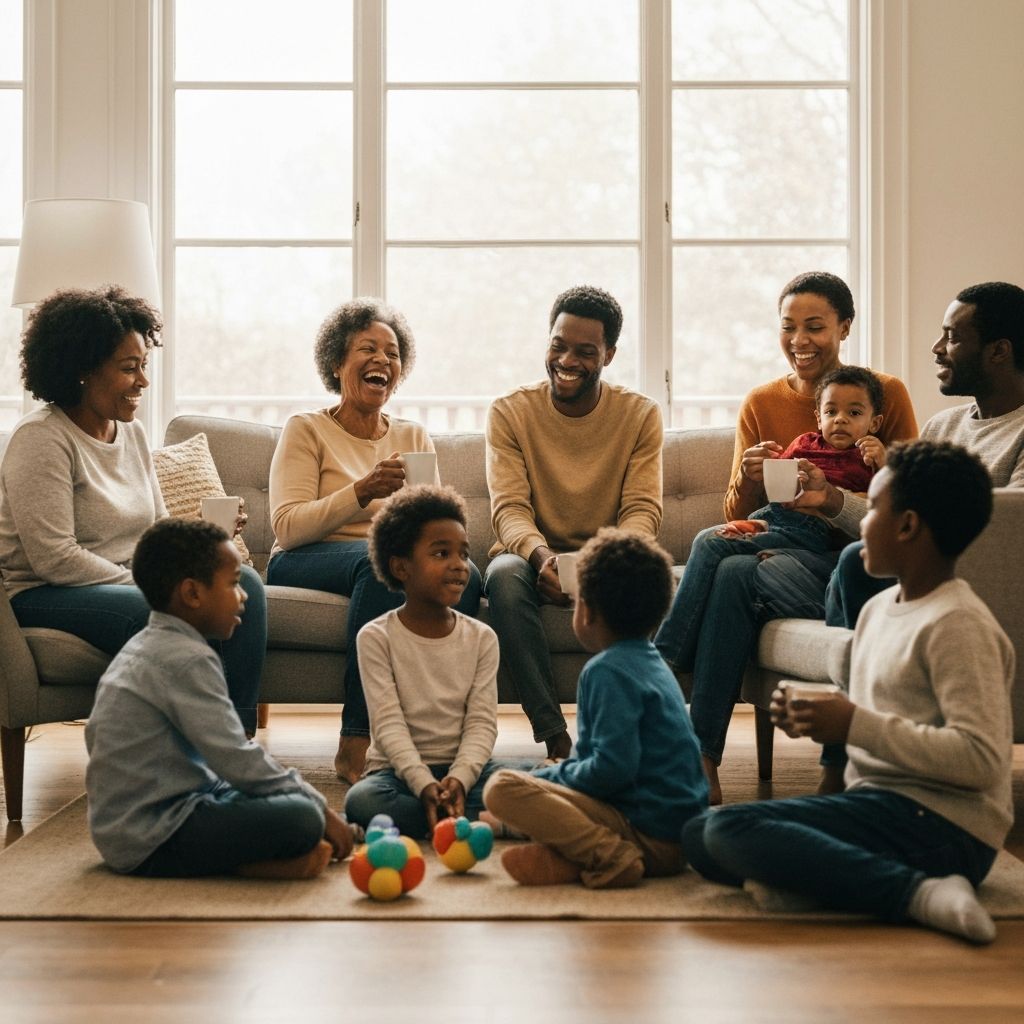 Families with kids gathering in a warm living room, some drinking coffee and talking